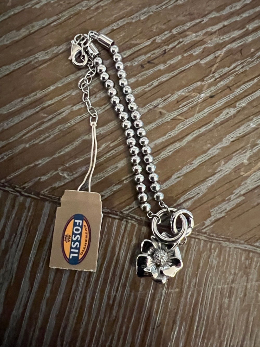 Fossil Silver Beaded Bracelet with Daisy Flower Charm